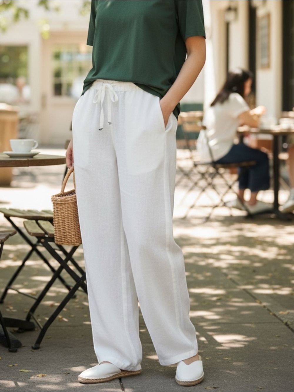 Artisan NY 100%‎ Linen Wide-Leg Drawstring Pants, Color white/cream, Sz Large